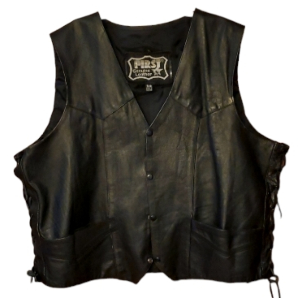 First Mens Genuine Leather Vintage‎ Lace Up Black Biker Vest Size 3X